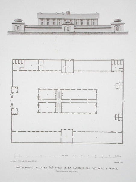Plano y elevación del edificio de convictos en Port Jackson, cerca de Sídney, de 