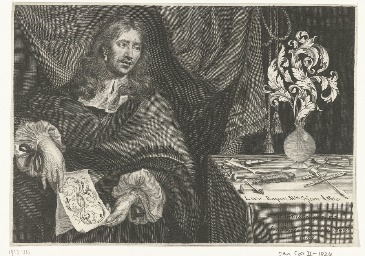 Impresión del título con el retrato de Louis Roupert Adornos para orfebres (título de la serie) de Louis Cossin