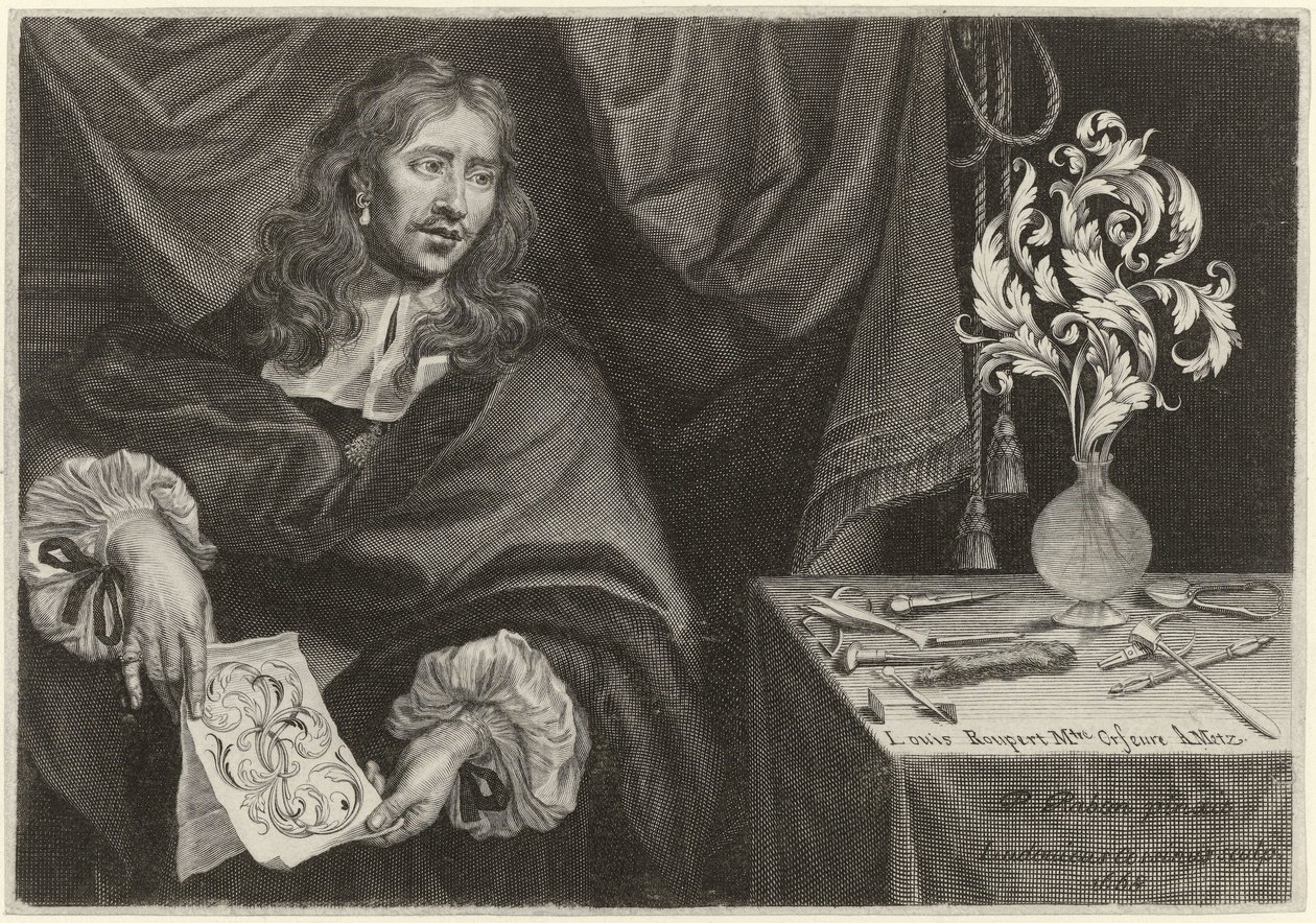 Impresión del título con el retrato de Louis Roupert
Adornos para plateros (título de la serie) de Louis Cossin