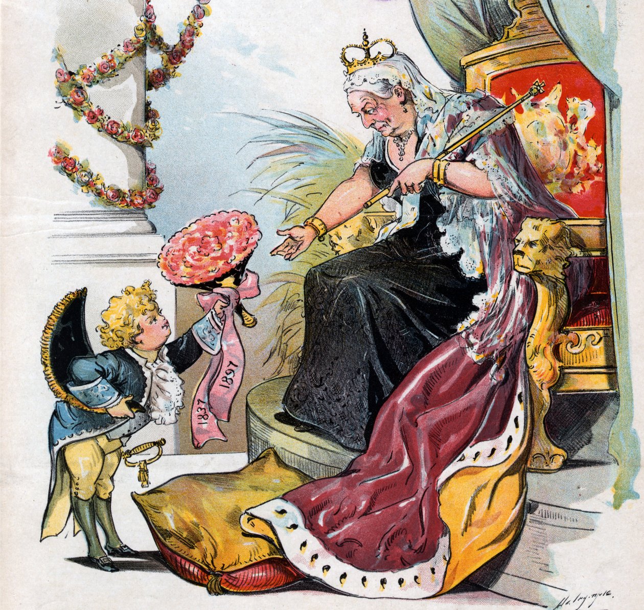 Puck hace una reverencia y entrega un ramo de flores con la etiqueta "1837 1897" a la Reina Victoria de Louis Dalrymple