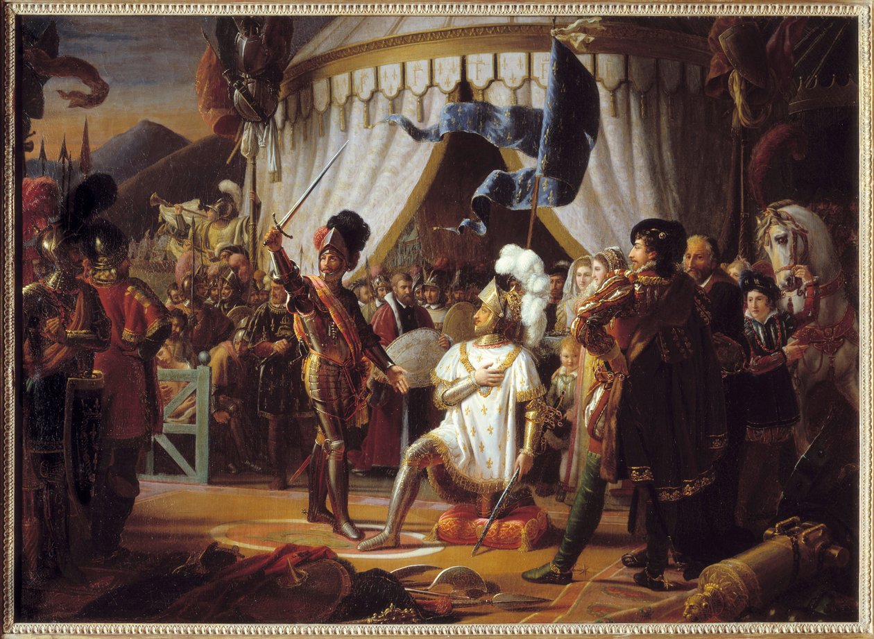Francisco I de Francia solicitando ser nombrado caballero por el Chevalier Bayard después de la victoria en la Batalla de Marignano, Italia, 1515 de Louis Ducis