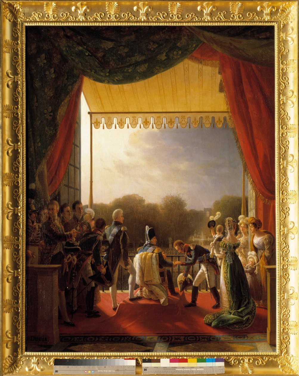 Luis XVIII, rodeado de miembros de la familia real, asistió al balcón de las Tullerías, al regreso del ejército de España, el 2 de diciembre de Louis Ducis