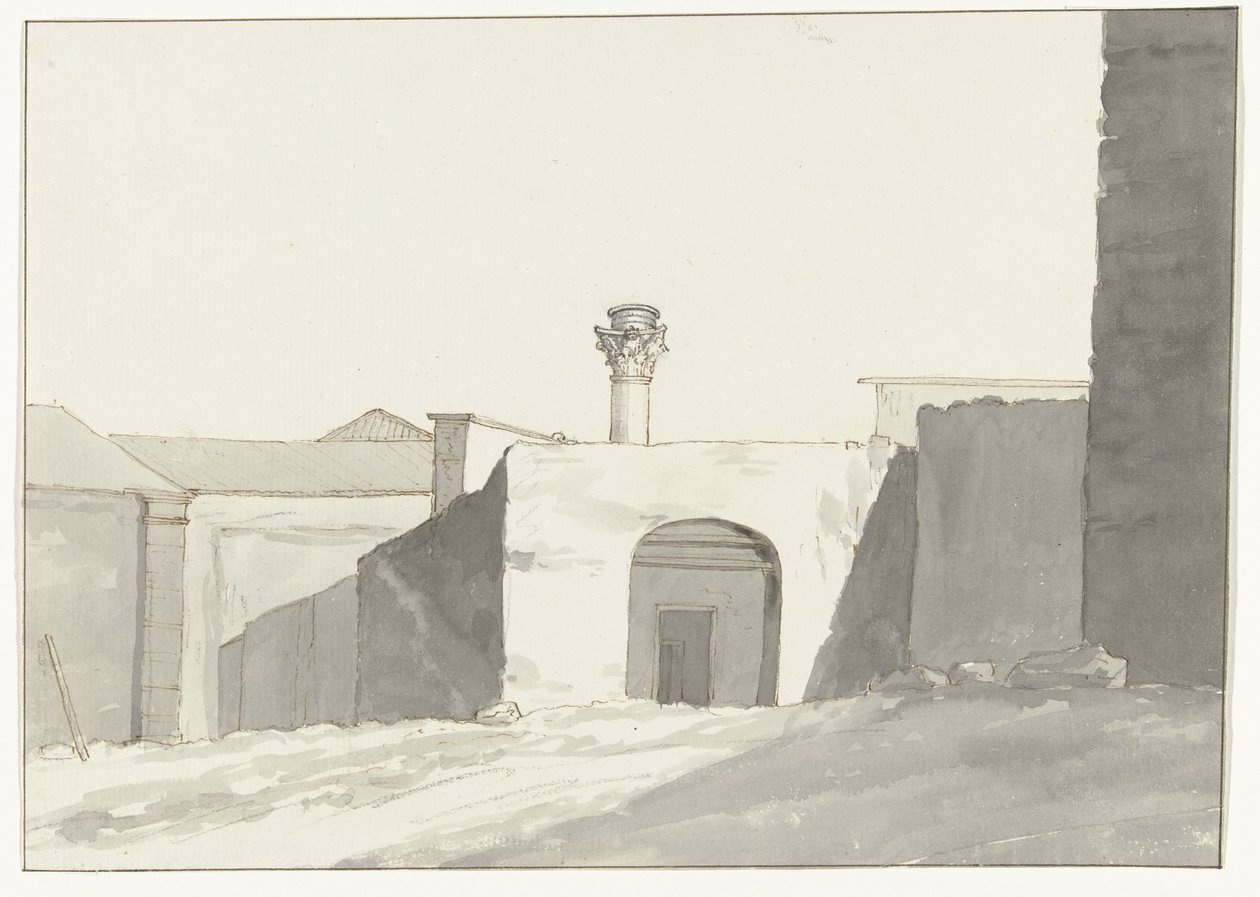 La historia antigua y los edificios en el puerto de Brindisi
Una vista lejana de la Columna de la Antigüedad [en el puerto de Brindisi].
Viaje a Italia, Sicilia y Malta - 1778 (título de la serie) de Louis Ducros