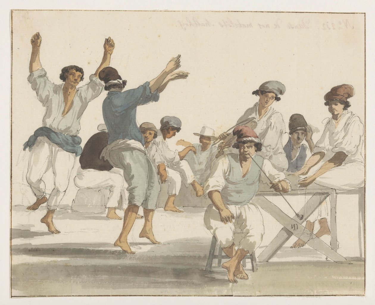 Dansende maltezer matrozen
Danza de nuestros marineros malteses (título en el objeto)
Voyage en Italie, en Sicile et à Malte - 1778 (título de la serie) de Louis Ducros