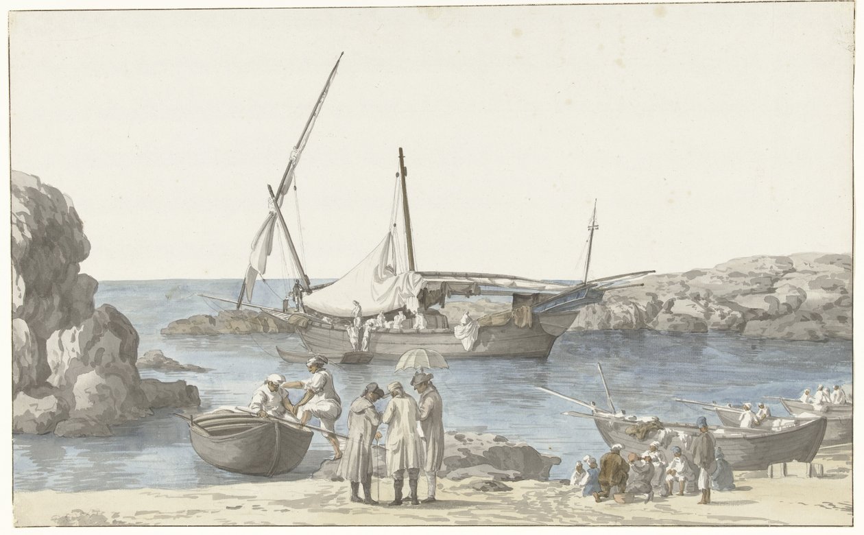Vista de Taranto y del refugio de Luogo Vivo
Vista de nuestro barco Taranto y el puerto del número anterior tomada desde tierra (título en el objeto)
Voyage en Italie, en Sicile et à Malte- 1778 (título de la serie) de Louis Ducros