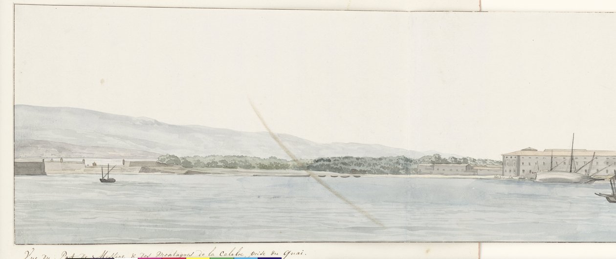 Vista del puerto de Mesina y de las playas de Calabria desde la calle
Vista del puerto de Mesina y de las montañas de Calabria, tomada desde el muelle (título en el objeto)
Voyage en Italie, en Sicile et à Malte - 1778 (título de la serie) de Louis Ducros