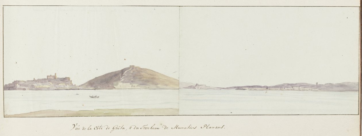 Vista de la ciudad de Gaeta y del mausoleo de Munatius Plancus (Lucio Munazio Planco)
Vista de la costa de Gaeta, y de la tumba de Munatius Plancus (título en el objeto)
Viaje a Italia, Sicilia y Malta - 1778 (título de la serie) de Louis Ducros