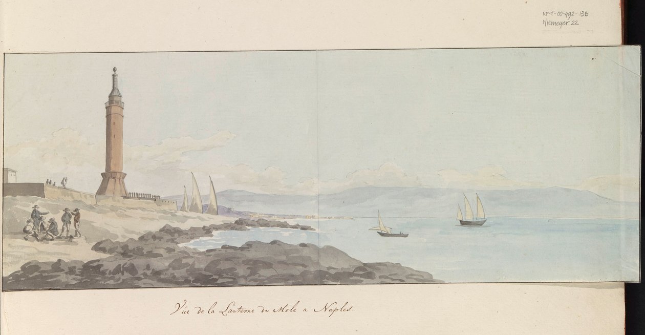Vista del faro cerca del muelle en Nápoles
Vue de la Lanterne du Mole à Naples (título en el objeto)
Voyage en Italie, en Sicile et à Malte - 1778 (título de la serie) de Louis Ducros