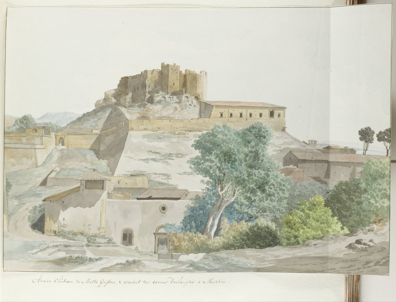 El castillo de Mata y Grifone y el castillo de los caballeros, los más grandes de Mesina
Antiguo Castillo de Matta Griffone, y convento de las Carmelitas Descalzas en Messina (título en el objeto)
Viaje a Italia, Sicilia y Malta - 1778 (título de la seri de Louis Ducros
