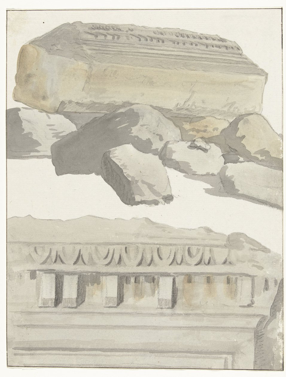 Dos piezas de un edificio del antiguo templo de la antigua ciudad de Manduria
Vista de un trozo del arquitrabe del antiguo templo en la antigua ciudad de Manduria
Viaje a Italia, Sicilia y Malta - 1778 (título de la serie) de Louis Ducros