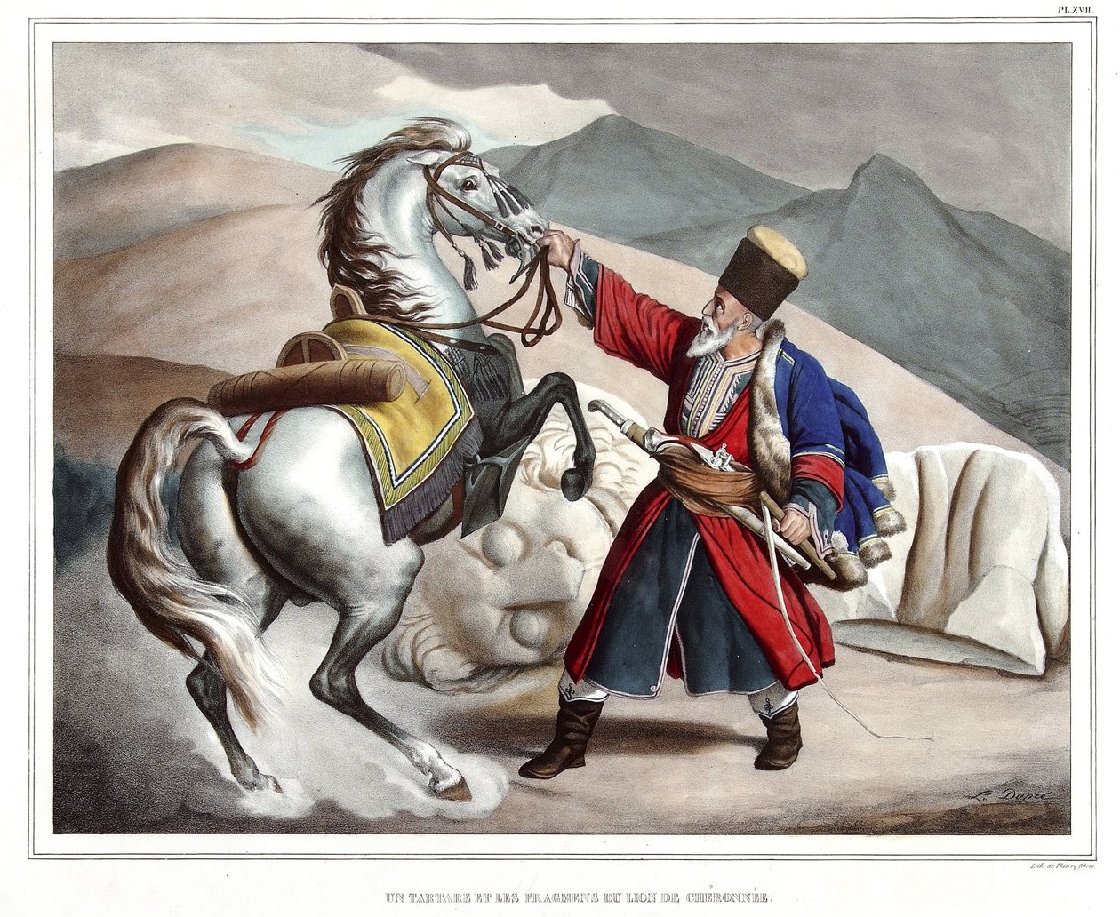 Un tártaro y fragmentos del león de Queronea en "Viaje a Atenas y Constantinopla, o colección de retratos griegos y otomanos, vistas y trajes, pintados en lugares de la naturaleza, litografías y colores por Louis Dupre (1789-1837), alumno de David" de Louis Dupré