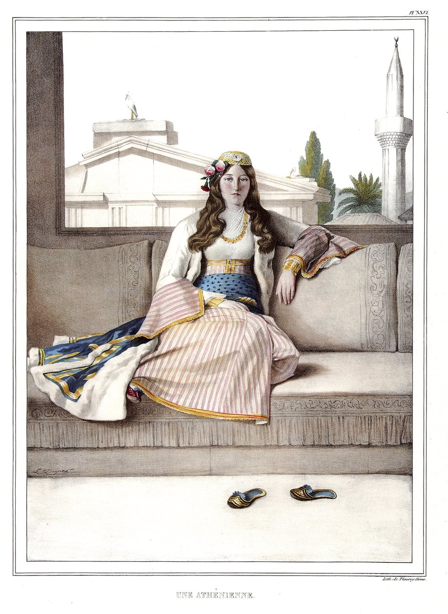 Un ateniense. en “Viaje a Atenas y Constantinopla, o colección de retratos, vistas y trajes griegos y otomanos, pintados en lugares por la naturaleza, litografiados y coloreados por Louis Dupre (1789-1837), alumno de David.1825. de Louis Dupré