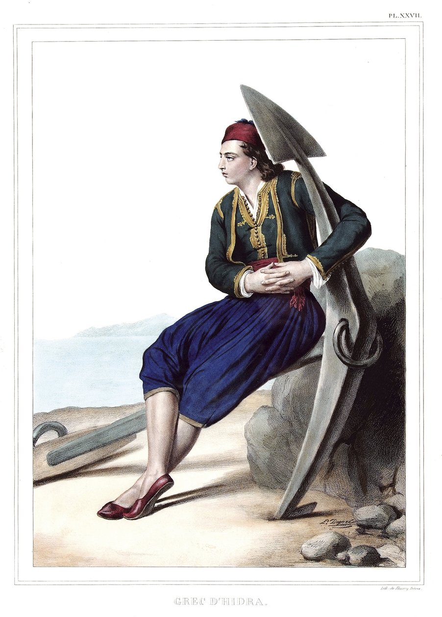 Griego de Hidra en "Viaje a Atenas y Constantinopla, o colección de retratos griegos y otomanos, vistas y trajes, pintados en lugares de la naturaleza, litografías y colores por Louis Dupre (1789-1837), alumno de David. 1825" de Louis Dupré