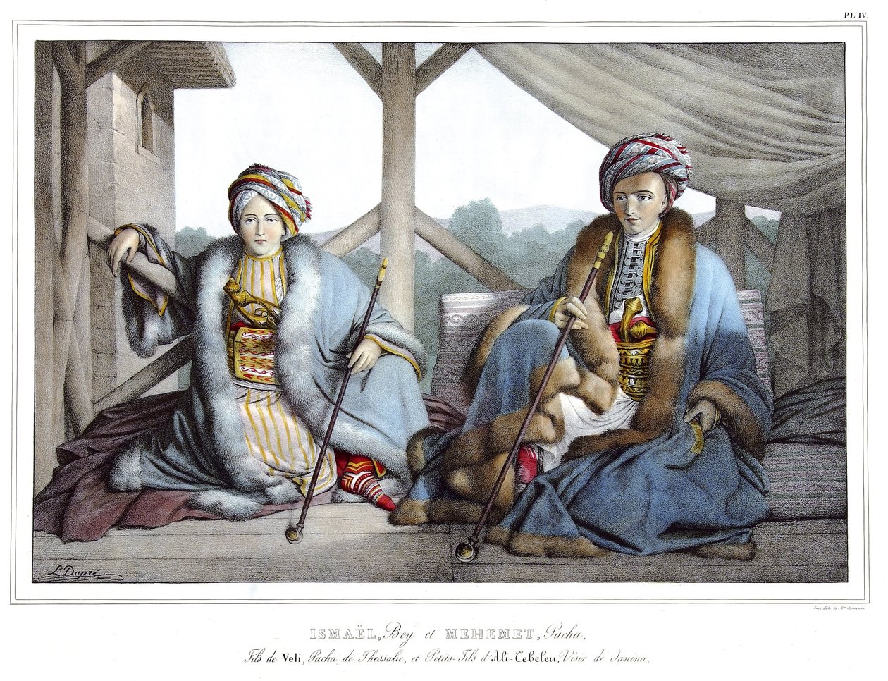 Ismael, Bey y Mehemet Pasha, hijo de Veli, pasha de Tesalia y nieto de Ali Tebelen (1741-1822), visir de Janina en "Viaje a Atenas y Constantinopla, o colección de retratos griegos y otomanos, vistas y trajes, pintados en lugares de la naturaleza, litograf de Louis Dupré