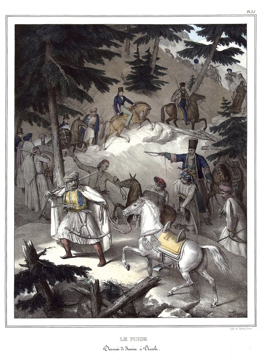 El Pindo, travesía de Janina a Trikala en "Viaje a Atenas y Constantinopla, o colección de retratos griegos y otomanos, vistas y trajes, pintados en lugares de la naturaleza, litografías y colores por Louis Dupre (1789-1837), alumno de David. 1825" de Louis Dupré