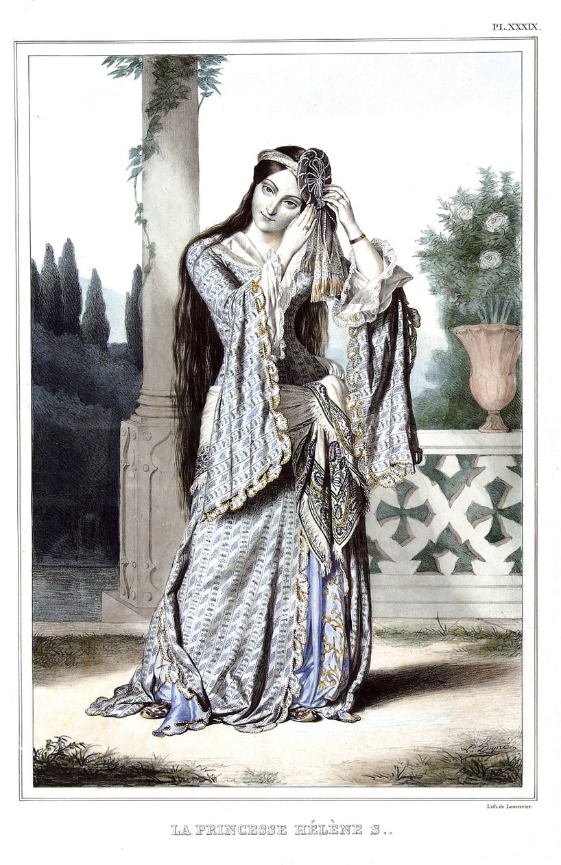 Princesa Helene Soutzo. en “Viaje a Atenas y Constantinopla, o colección de retratos, vistas y trajes griegos y otomanos, pintados en lugares por la naturaleza, litografiados y coloreados por Louis Dupre (1789-1837), alumno de David.1825. de Louis Dupré
