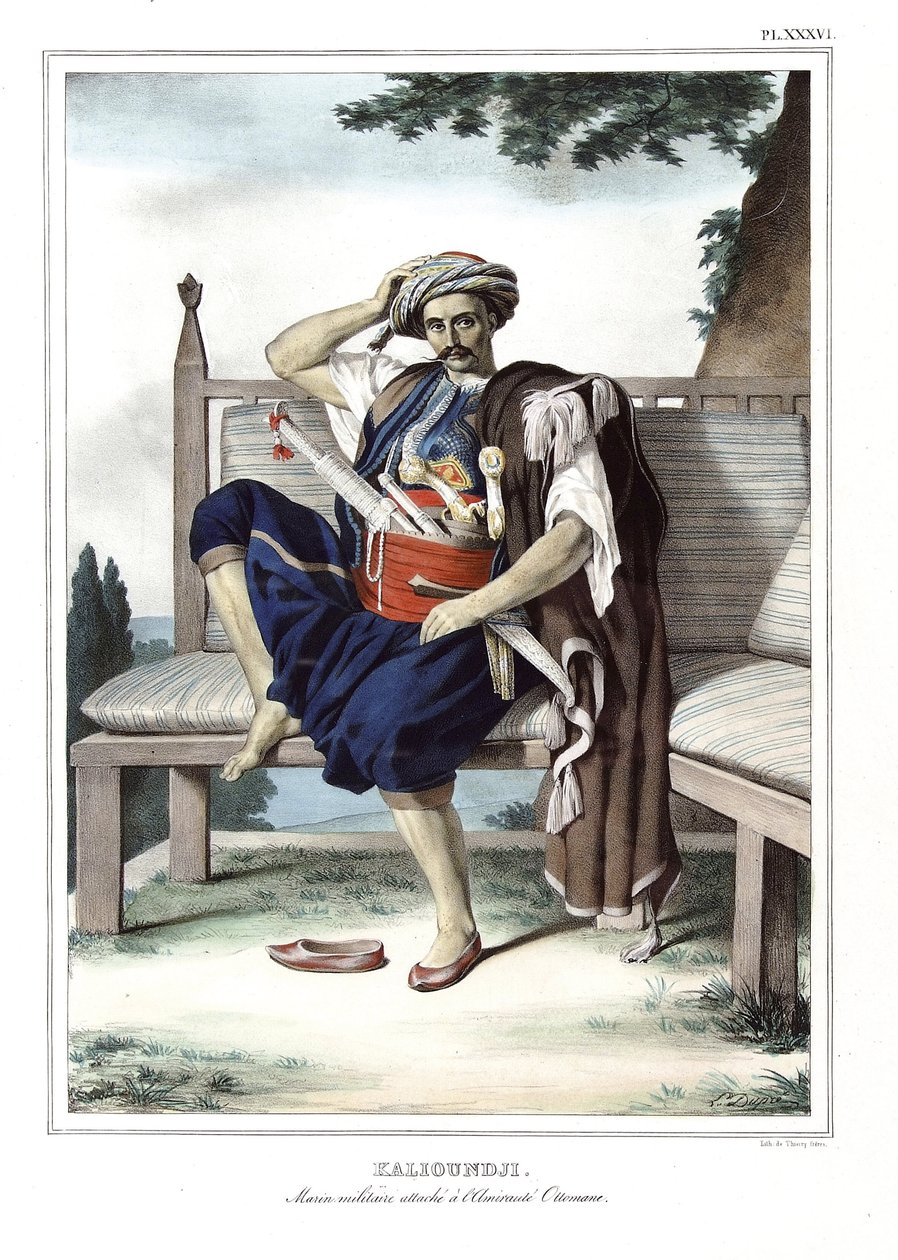 Kalioundji, marinero militar adjunto al Almirantazgo Otomano. en “Viaje a Atenas y Constantinopla, o colección de retratos griegos y otomanos, vistas y trajes, pintados en lugares después de la naturaleza, litografiados y coloreados por Louis Dupre (1789-1 de Louis Dupré