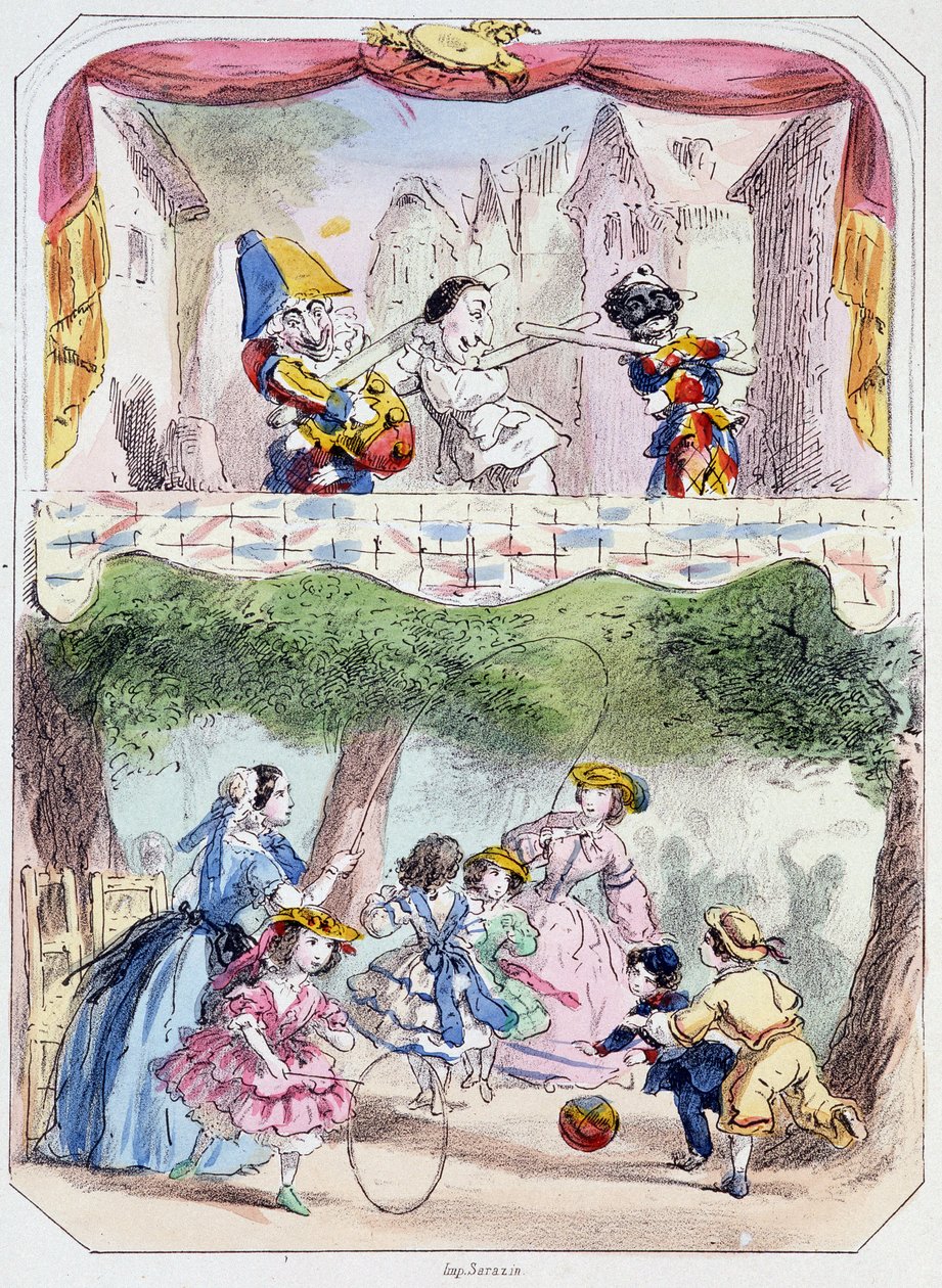 Polichinelle precepteur - Litografía, de Theatre des marionnettes du jardin des Tuileries, texto y dibujo de Louis Edmond Duranty (1833-1880), París de Louis Edmond Duranty