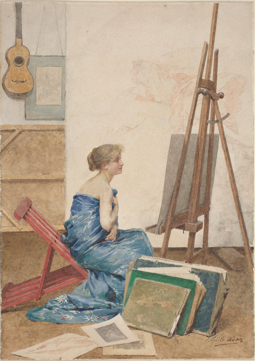 Estudio de un Pintor con un Modelo Envuelto en Seda Japonesa de Louis Emile Adan