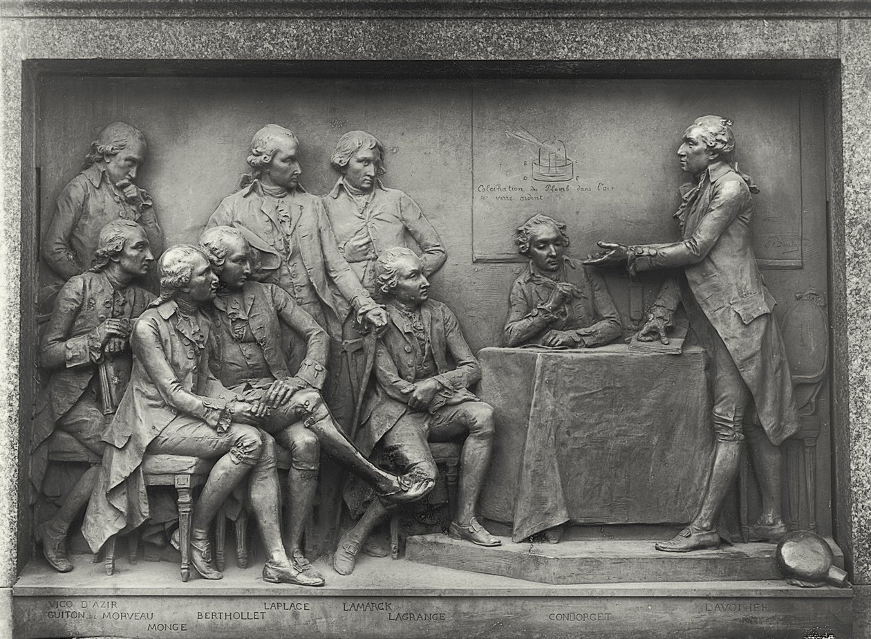 Antoine Laurent Lavoisier (1743-94) explicando su análisis del aire a sus colegas de Louis Ernest Barrias