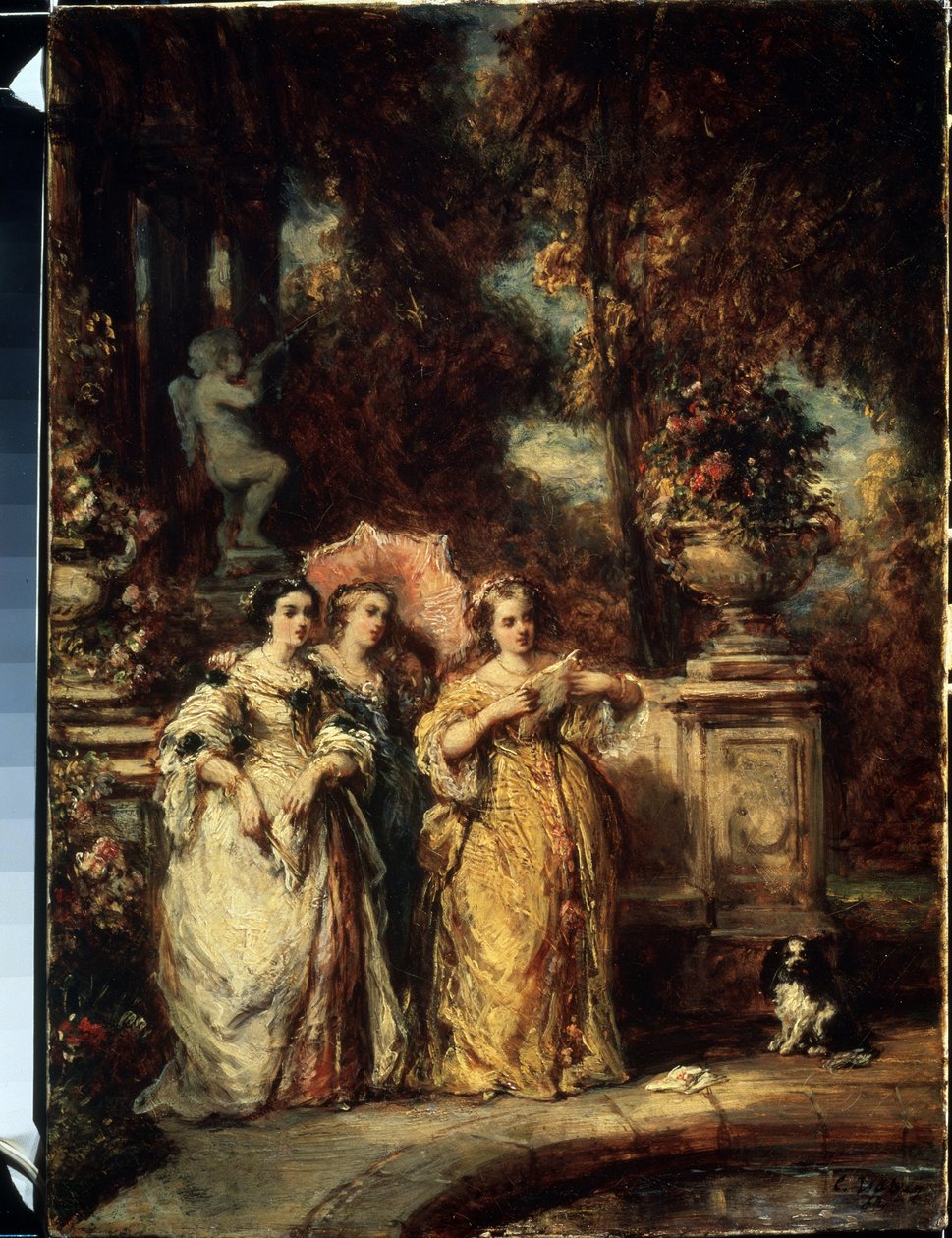 ""La promenade"" (El paseo) Tres chicas jóvenes de buena familia en un parque. Pintura de Louis Gabriel Eugene Isabey (1803-1886) 1852 Museo Pushkin, Moscú de Louis Eugene Gabriel Isabey