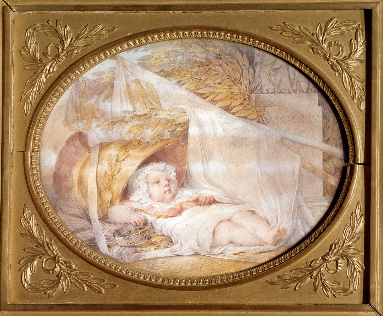 Retrato del Rey de Roma bebé en el casco de Marte Napoleón II, Duque de Reichstadt, hijo del emperador Napoleón I recién nacido. Piedra negra y papel de lava beige por Eugene Isabey marzo 1811 Dim. 0,21x0,26 m Malmaison, museo de de Louis Eugene Gabriel Isabey