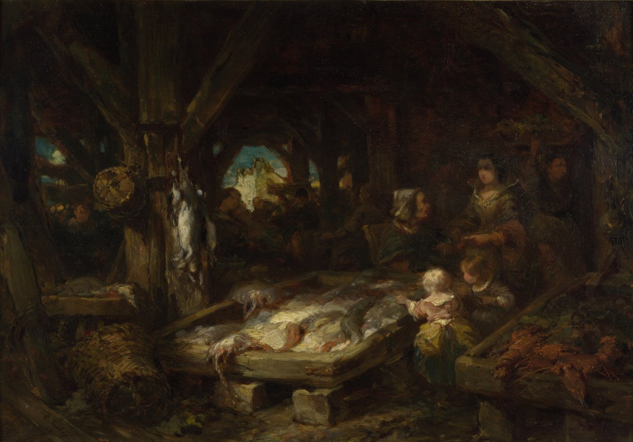 El mercado de pescado, Dieppe de Eugene Isabey