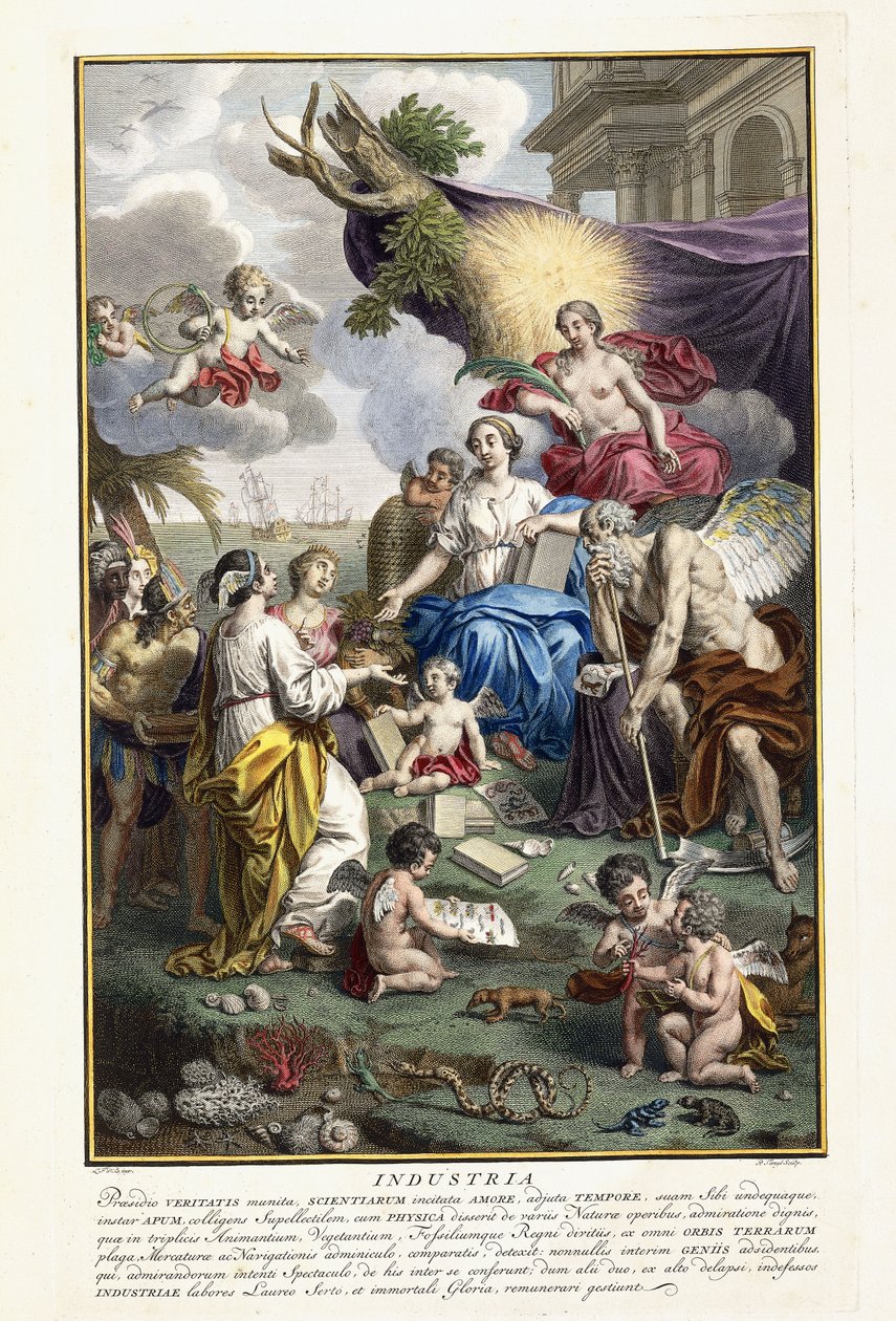 Industria, frontispicio de "Locupletissimi Rerum Naturalium Thesauri Accurata Descriptio", 1734-1765 de Louis Fabricius Dubourg