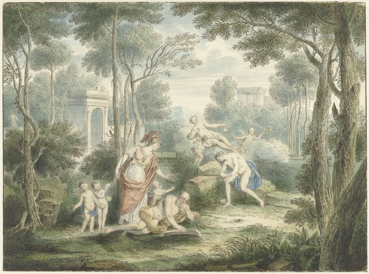 Paisaje arcádico con Atenea coronando a un anciano y Venus y Adonis de Louis Fabritius Dubourg