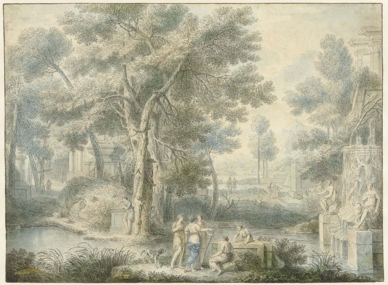 Paisaje arcádico, con una fuente a la derecha de Louis Fabritius Dubourg
