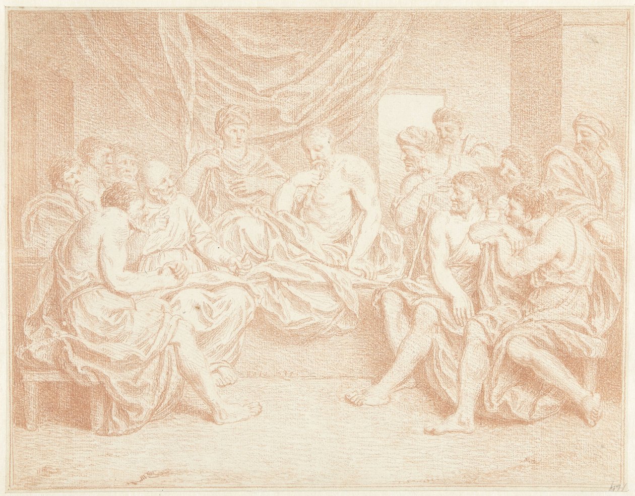 Anciano en la cama rodeado de gente de Louis Fabritius Dubourg
