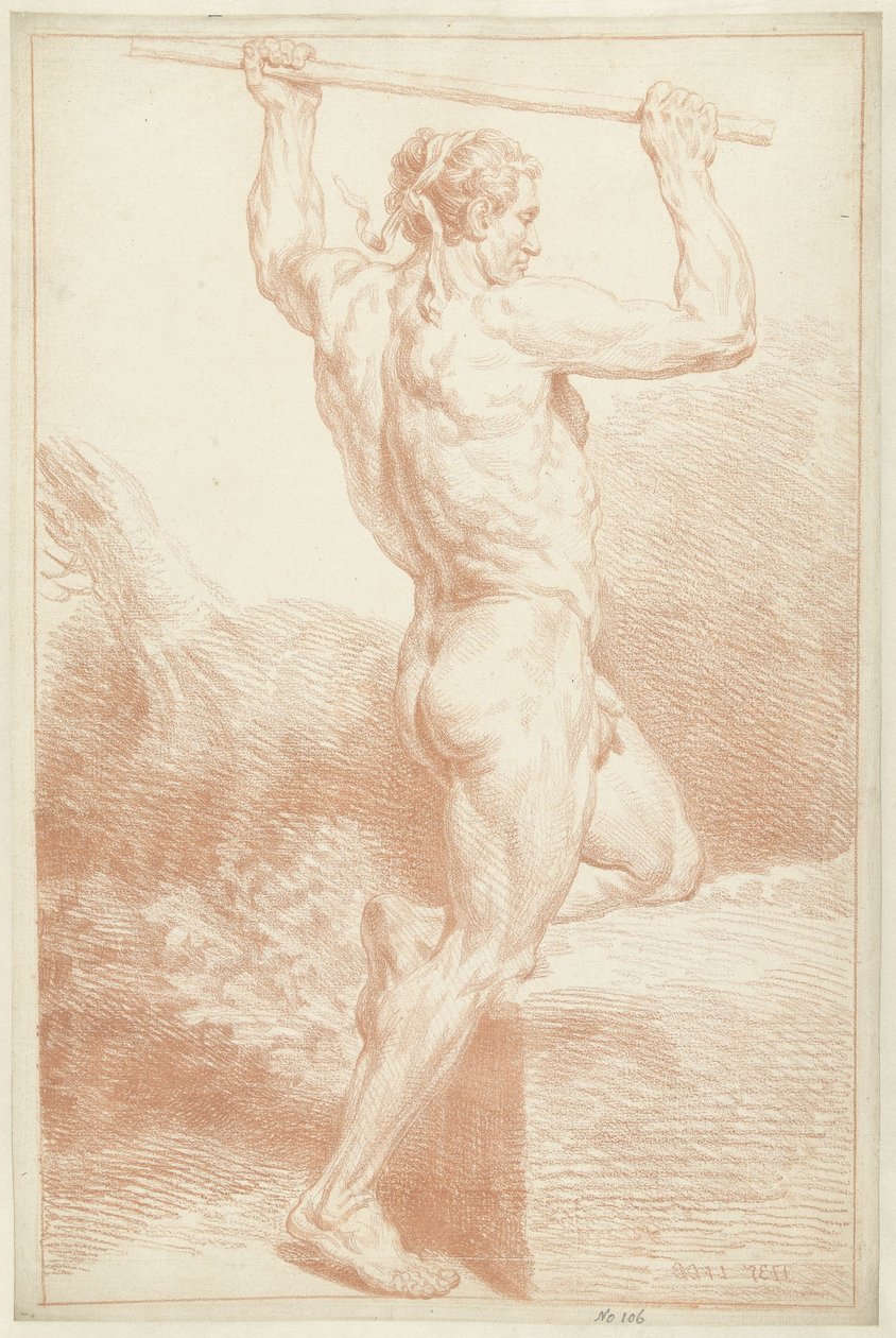 Estudio de un hombre desnudo, sobre una rodilla, sosteniendo un bastón sobre su cabeza de Louis Fabritius Dubourg