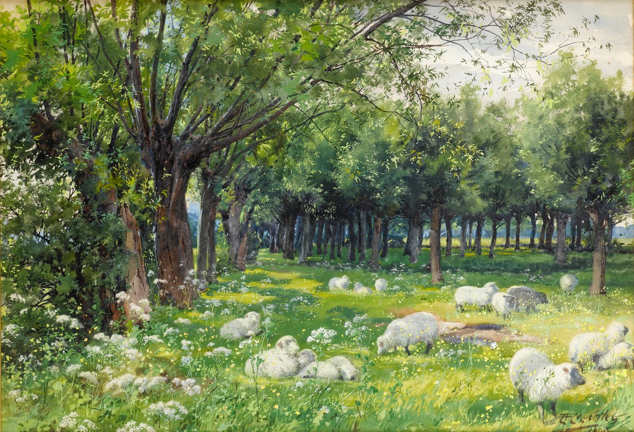 Ovejas en un huerto en primavera de Louis Fairfax Muckley