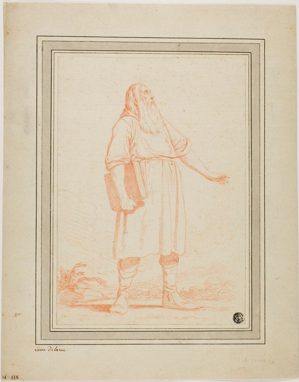 Hombre barbudo de pie sosteniendo un libro de Louis Felix de la Rue
