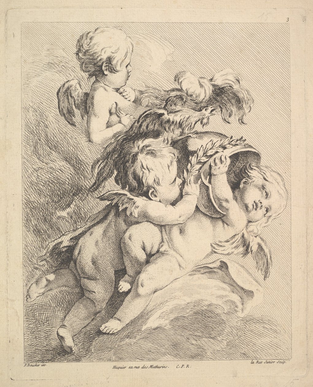 Tres cupidos sosteniendo un casco de Louis Felix de la Rue