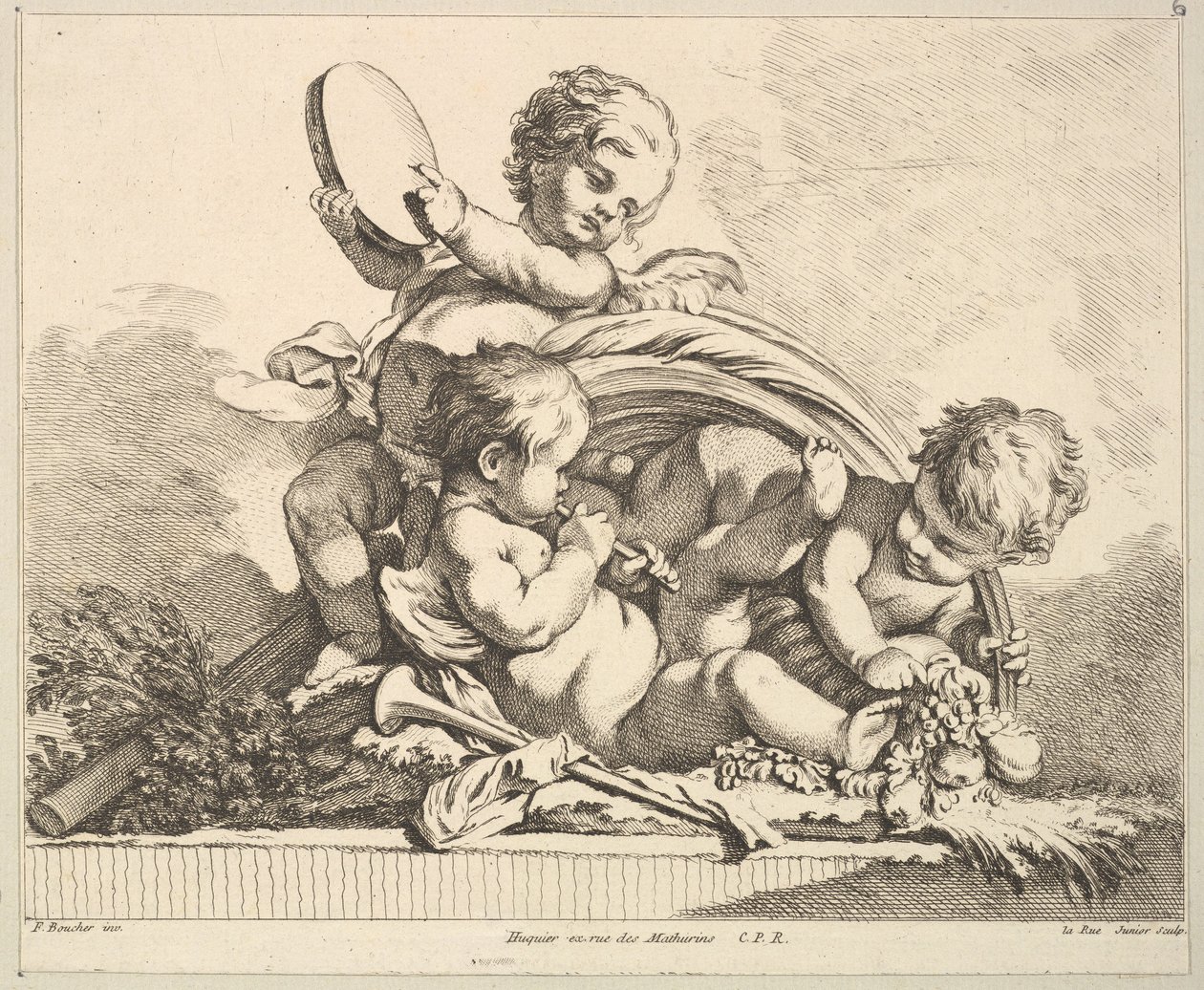 Tres cupidos, dos tocando música, uno sosteniendo hojas de palma de Louis Felix de la Rue