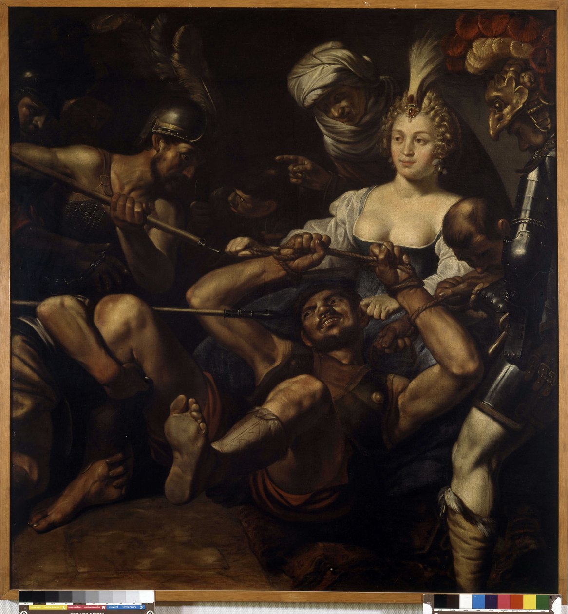 Sansón y Dalila: Sansón pierde fuerza mientras Dalila le corta el cabello de Louis Finsonius or Finson