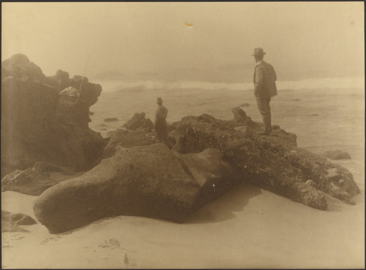 [Tres hombres pescando desde las rocas de la playa] de Louis Fleckenstein