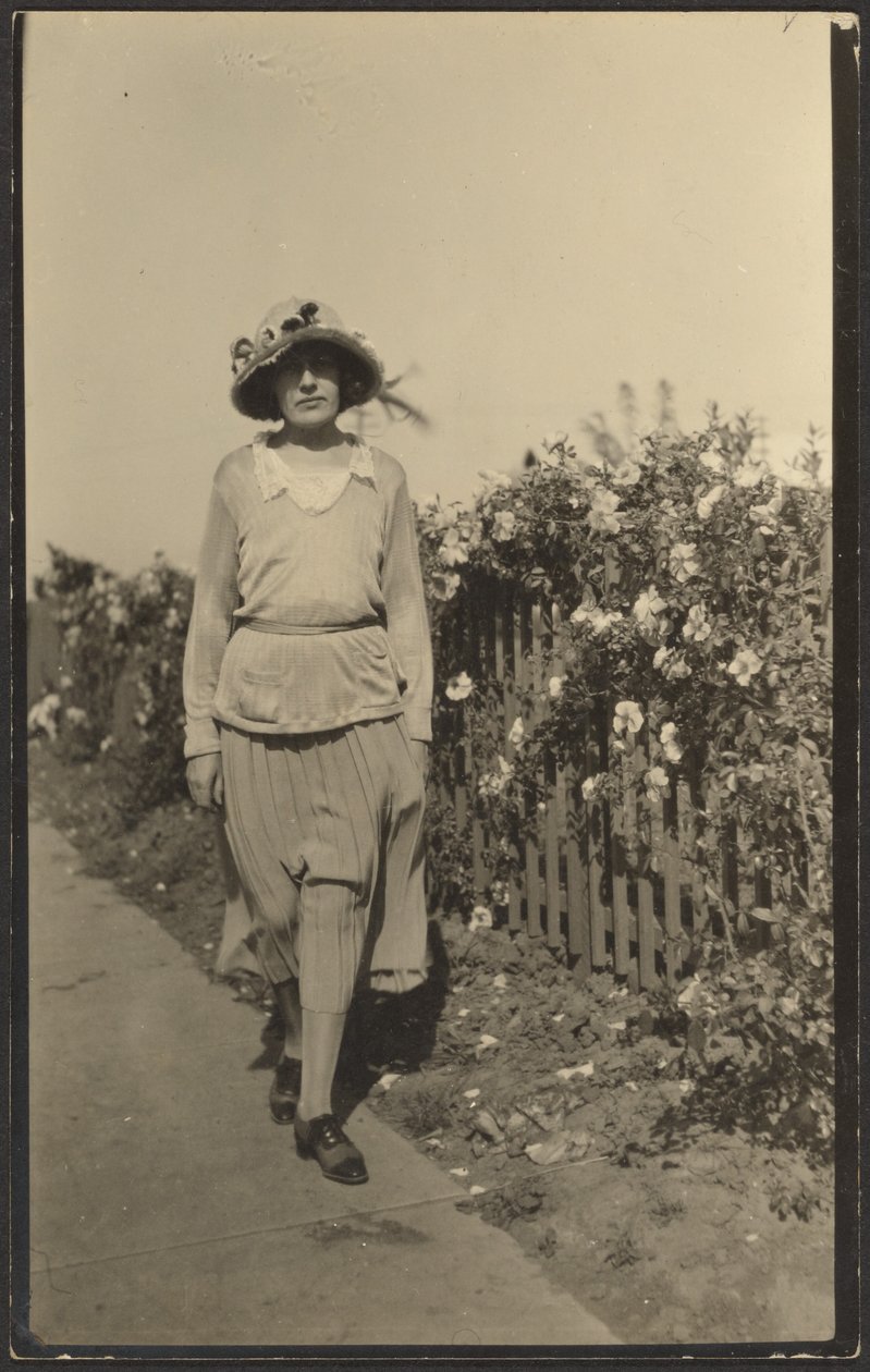 [Mujer caminando por la valla con flores] de Louis Fleckenstein