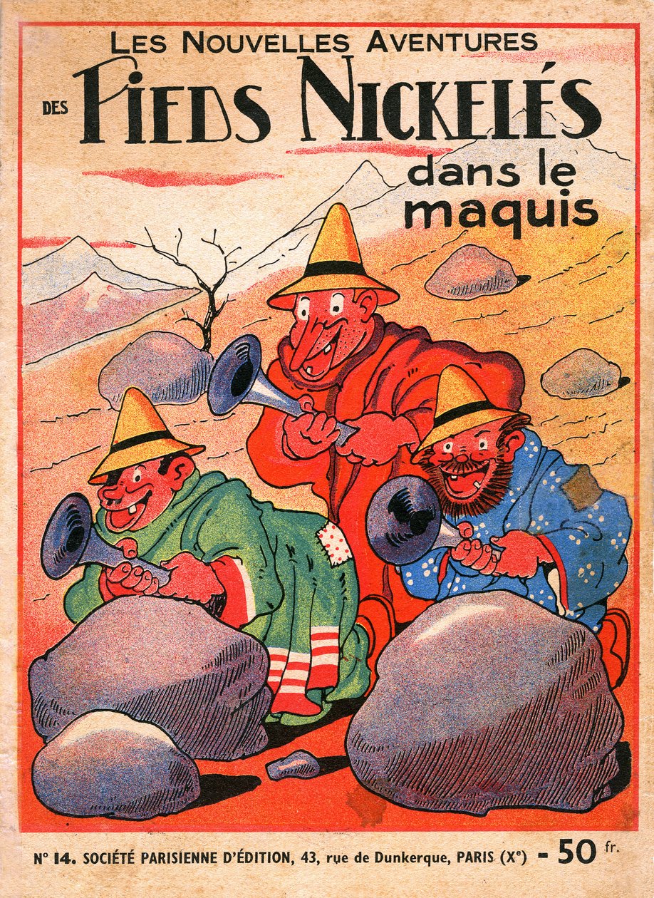 portada de un álbum de historietas de Louis Forton (1879-1934): Les Pieds Nickeles dans le maquis (edición de 1949 del volumen 14 de las aventuras del trío). Croquignol, Ribouldingue y Filochard en Córcega. ©Gusman/Leemage de Louis Forton