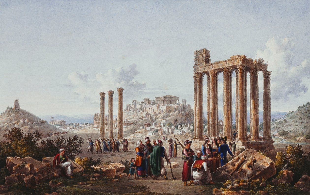 Una Vista de la Acrópolis, Atenas, desde el Templo de Zeus en Olimpia, c.1786-87 de Louis Francois Cassas