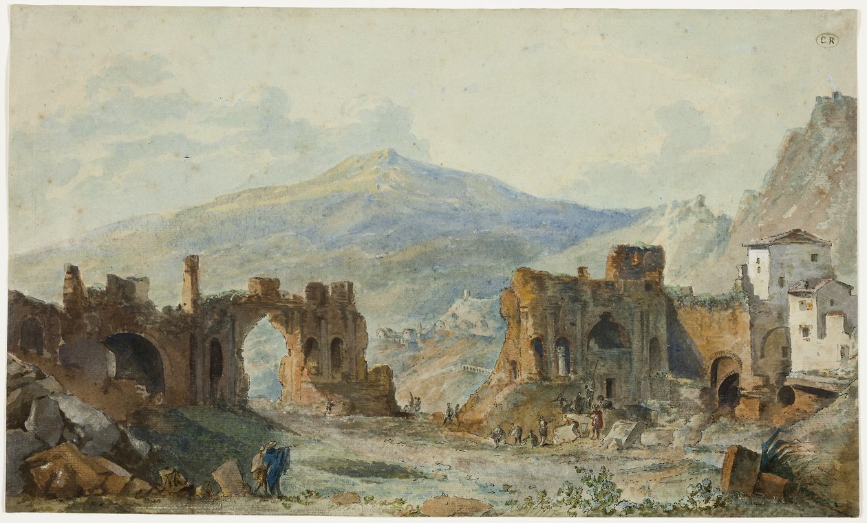 El antiguo teatro de Taormina con vistas al Etna, estudio para el Voyage Pittoresque de Naples et de Sicile de Saint Non. de Louis Francois Cassas