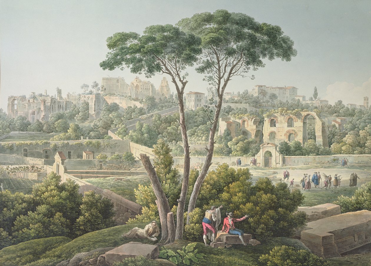Vista de la Colina Palatina en Roma, con las ruinas del Palacio de los Césares al fondo, c.1800 de Louis Francois Cassas