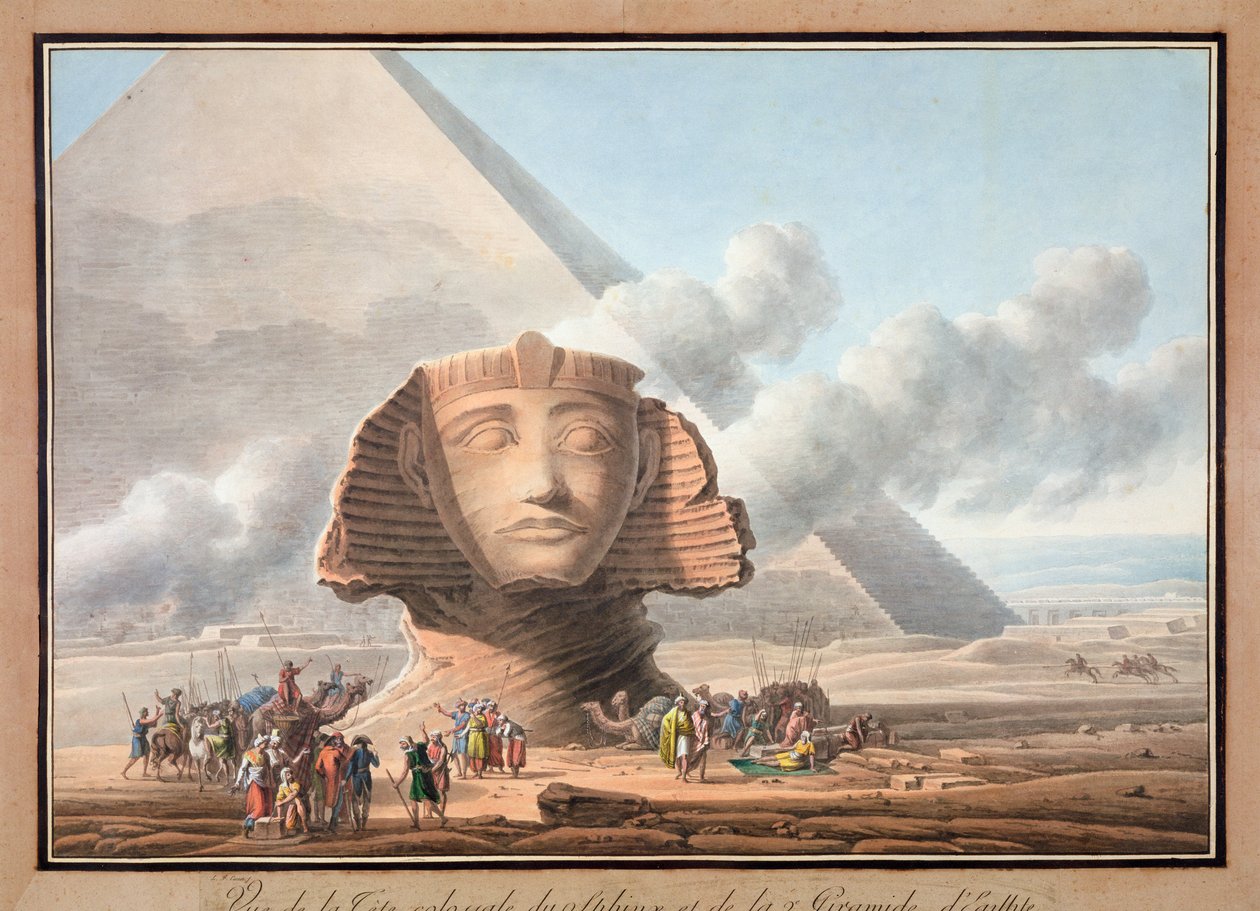 Vista de la cabeza de la Esfinge y la Pirámide de Kefrén, Giza, Egipto, c. 1790 de Louis Francois Cassas