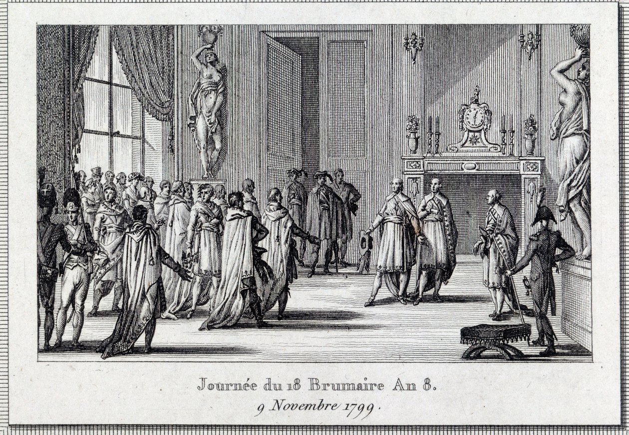 Consulado: "Napoleón Bonaparte (1769-1821) en la reunión de Saint Cloud el 18 brumario (9/11/1799)" El Golpe de Estado del 18 brumario por Napoleón Bonaparte en el Consejo de los Quinientos (sala de 500), protegido por granaderos, termina el D de Louis Francois Couche