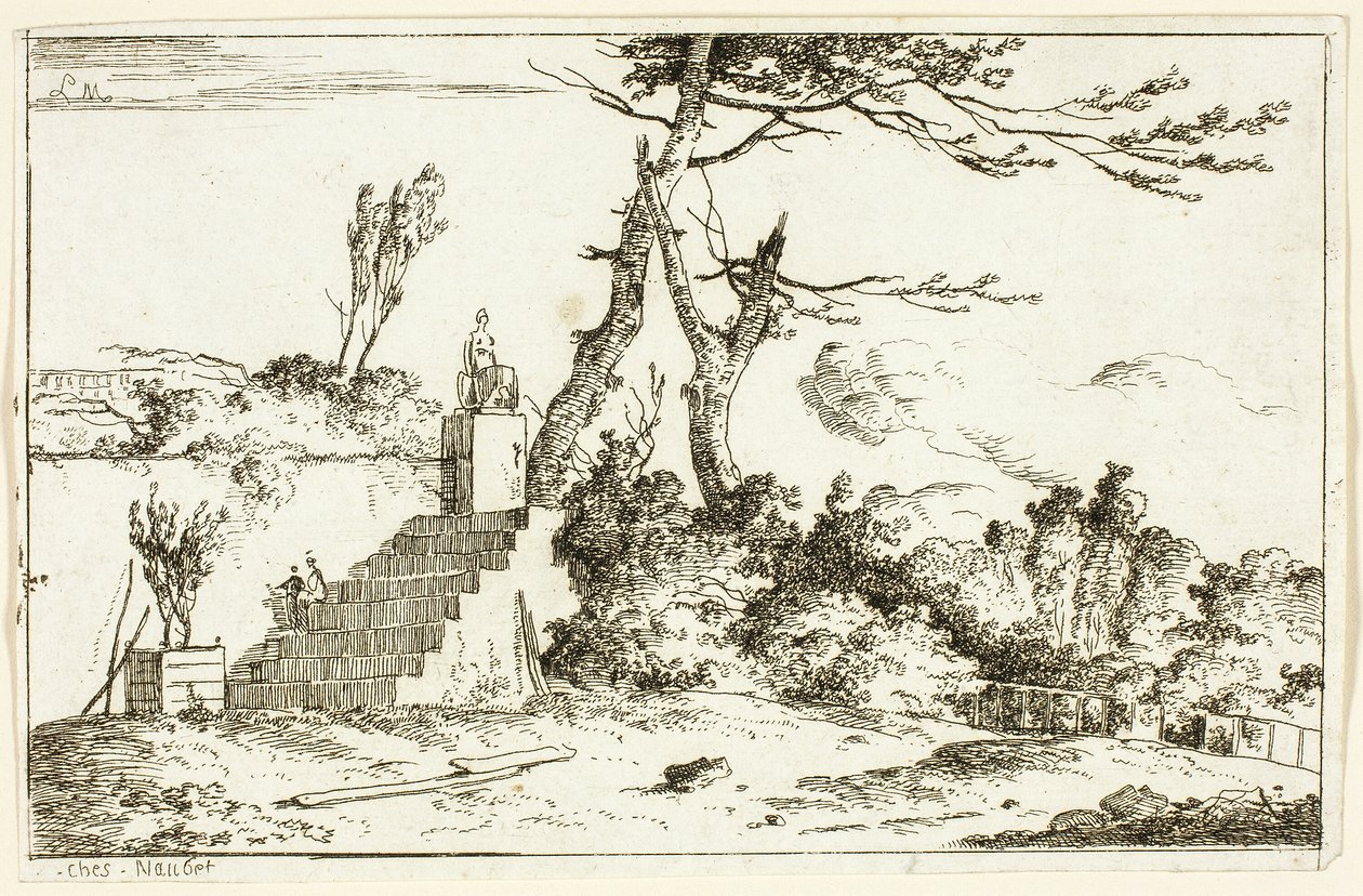 Paisaje con estatua clásica de Louis Gabriel Moreau