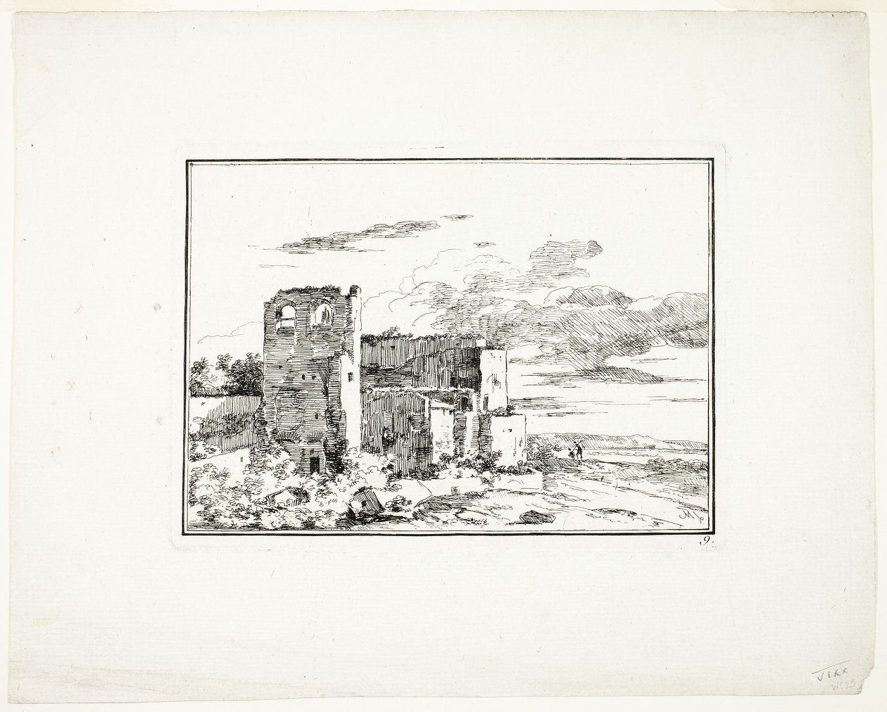 Edificios en ruinas cerca de la orilla de un río, lámina 9 de Quatrieme suite de paysages dessinés et grave a l