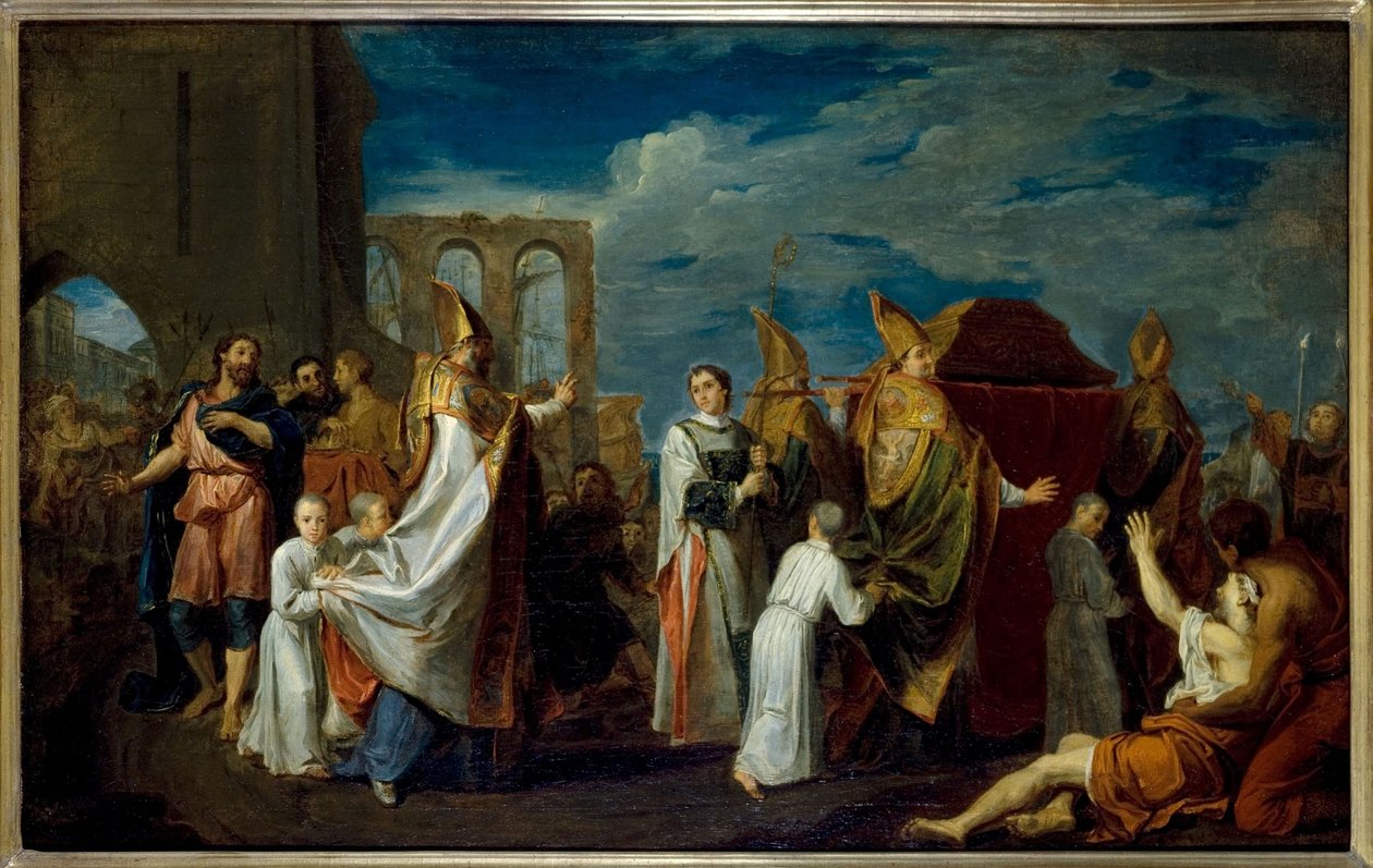 La translation des reliques de Saint Augustin, boceto para el cuadro del refectorio del convento de Petits-Pères (iglesia de Notre-Dame-des-Victoires), actual distrito 2, hacia 1698 -1708 (óleo). de Louis Galloche