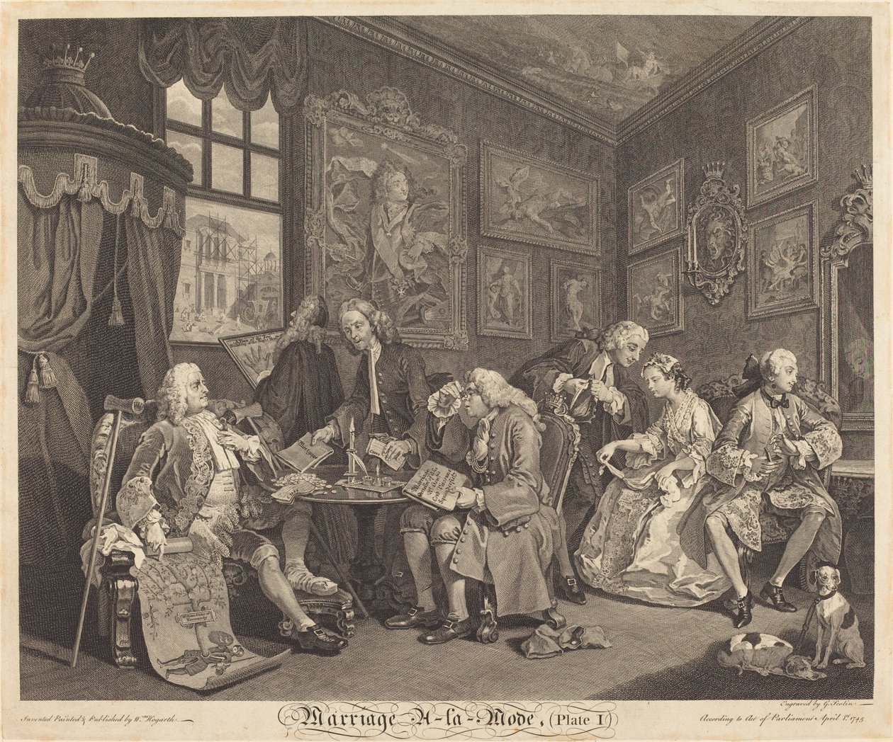 Matrimonio a la moda: pl.1 de Louis Gerard Scotin after William Hogarth