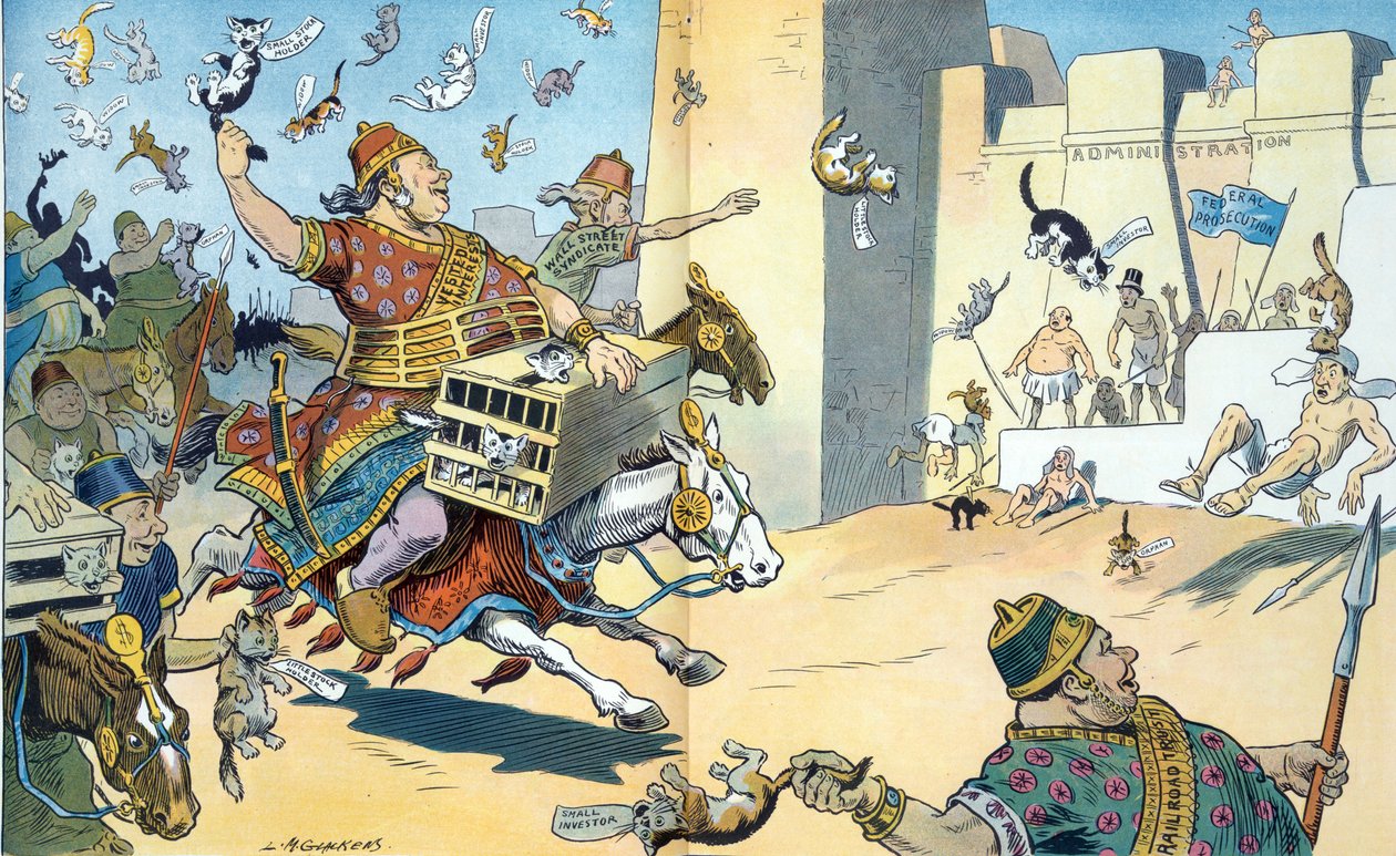 Los persas de Wall Street y los egipcios de Washington 1907. La ilustración muestra la batalla de Pelusium con los persas identificados con "intereses creados" de Louis Glackens